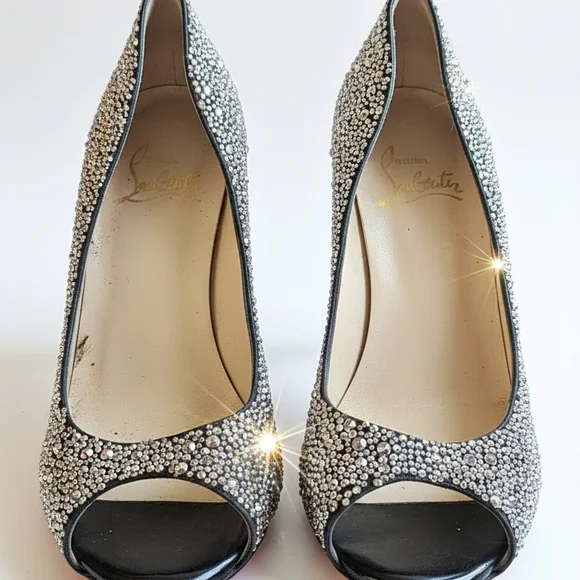 Christian Louboutin Sparkling Silver Peep-Toe Heels - Picture 1 of 6